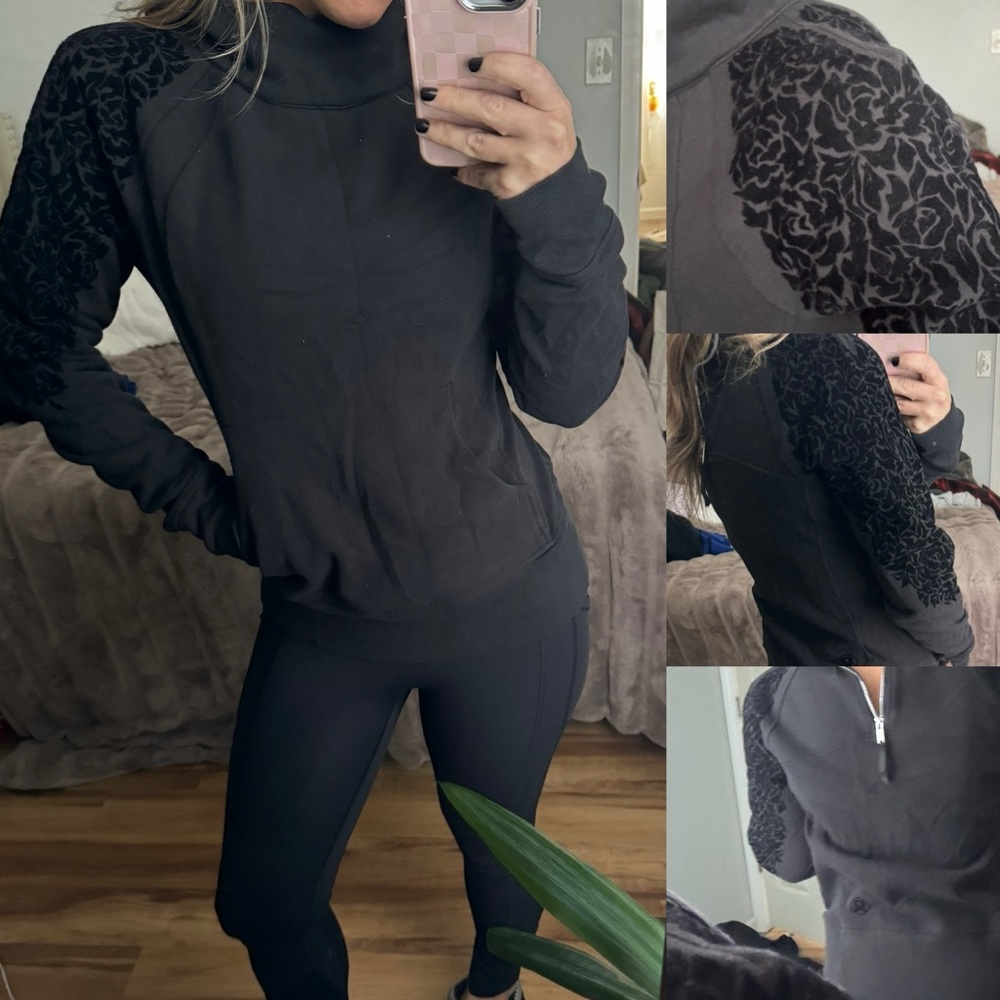 Lululemon floral frock pullover black back zip cotton terry 6 velvet detail